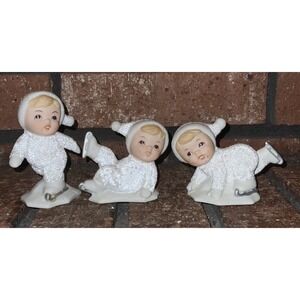 Vintage Homco Set of 3 Ice Skating Children Figurines White Sno-babies